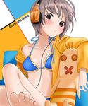  bad_id bad_pixiv_id barefoot bikini blush brown_eyes brown_hair doll feet headphones hood hood_down hoodie kinugasa_yuuichi nail_polish off_shoulder original short_hair soles solo swimsuit toenail_polish toes 