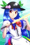  blue_hair bow food fruit genjuu_rou hat hinanawi_tenshi leaf long_hair peach solo sword sword_of_hisou touhou weapon 