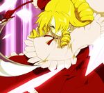  blonde_hair capelet curly_hair drill_hair elly hair_over_one_eye holding holding_scythe scythe serene_(gusarme) serious short_hair solo touhou touhou_(pc-98) yellow_eyes 