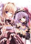  animal_ears blonde_hair cafe_little_wish cake cat_ears dessert dress food hand_on_head highres karen_(cafe_little_wish) maid maid_headdress mina_(cafe_little_wish) multiple_girls one_eye_closed pantyhose pastry purple_eyes purple_hair ribbon tinker_bell yellow_eyes 