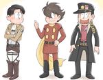  :&lt; brown_hair cyborg_009 emblem gakuran hair_over_one_eye hat heart heart_in_mouth jacket jojo_no_kimyou_na_bouken kamiya_hiroshi kuujou_joutarou levi_(shingeki_no_kyojin) lou_soten male_focus matsuno_choromatsu matsuno_juushimatsu matsuno_osomatsu multiple_boys ono_daisuke open_clothes open_jacket osomatsu-san paradis_military_uniform sakurai_takahiro scarf school_uniform seiyuu_connection shimamura_joe shingeki_no_kyojin survey_corps_(emblem) 