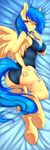  2015 absurd_res anthro areola bed_sheet bird&#039;s-eye_view biting_lip blue_hair breasts butt cleavage clothed clothing cutie_mark dakimakura_design equine fan_character female fur hair hi_res high-angle_view hooves long_hair looking_at_viewer looking_back lying mammal multicolored_hair my_little_pony nipples on_front on_side one-piece_swimsuit one_eye_closed pegasus rainbowscreen seductive silvia_windmane smile solo swimsuit teeth two_tone_hair underhoof wings wink yellow_fur 