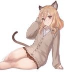  animal_ears arm_support bare_legs blonde_hair blush brown_eyes cardigan cat_ears cat_tail commentary_request dated looking_at_viewer meto31 original pleated_skirt school_uniform short_hair simple_background sitting skirt sleeves_past_wrists smile solo tail white_background 