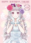  ariga_nao bare_shoulders blush breasts cleavage dress flower gloves hair_flower hair_ornament hairband hands_on_own_cheeks hands_on_own_face happy_birthday idolmaster idolmaster_(classic) long_hair looking_at_viewer medium_breasts red_eyes shijou_takane silver_hair smile solo 