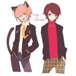  animal_ears blue_eyes brown_eyes brown_hair cat_ears cat_tail fang genderswap genderswap_(ftm) hashimoto_nyaa jacket kuiko_(1748965794) looking_at_viewer male_focus multicolored_hair multiple_boys one_eye_closed open_clothes open_jacket osomatsu-kun osomatsu-san pink_hair smile streaked_hair tail turtleneck yowai_totoko 