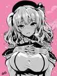  beret blush breast_suppress breasts epaulettes frilled_sleeves frills gloves gradient gradient_background hands_on_own_chest hands_together hat heavy_breathing kantai_collection kashima_(kantai_collection) kojima_saya large_breasts looking_at_viewer monochrome nose_blush parted_lips pink_background shirt sidelocks simple_background solo sweat taut_clothes taut_shirt tsurime twintails upper_body wavy_hair 