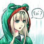  1girl animal_costume blonde_hair boy's_club crossover frog_costume green_eyes hair_ribbon kantai_collection kazucchi long_hair md5_mismatch meme open_mouth pepe_the_frog poi rain ribbon yuudachi_(kantai_collection) 