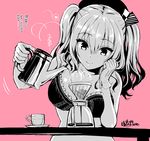  beret bra breasts check_translation cleavage coffee_pot cup gloves hat heart kantai_collection kashima_(kantai_collection) kojima_saya large_breasts monochrome out-of-frame_censoring pink_background saucer simple_background smile solo translated translation_request twintails underwear underwear_only 