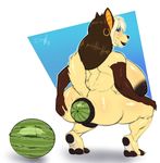  anal anal_penetration anthro anubian_jackal anus big_breasts big_butt blush breasts butt canine crouching dewclawpaw dripdry ear_piercing female food fruit fur hair huge_breasts jackal mammal melon nipples nude paws penetration piercing pussy smile solo stretched_anus watermelon 