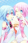  absurdres bare_shoulders blue_eyes blue_hair eating food gloves highres ice_cream long_hair looking_at_viewer multiple_girls neptune_(series) official_art phallic_symbol pink_hair power_symbol scan sexually_suggestive smile suggestive_fluid symbol-shaped_pupils tsunako white_sister_ram white_sister_rom 