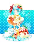  bloomers blue_background blue_eyes blue_hair blush bow chion_(yukina) coat food food_themed_hair_ornament full_body hair_ornament hat hat_bow ice_cream looking_at_viewer orange_skirt original personification plate pocketland polka_dot polka_dot_background pom_pom_(clothes) red_bow red_footwear seal shawl sherbet shoes short_hair skirt smile snowflakes solo standing striped underwear vertical_stripes yellow_bloomers yellow_hat 