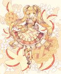  apple_pie apple_slice apron blonde_hair flower food food_themed_clothes food_themed_hair_ornament frills full_body hair_ornament kneehighs long_hair looking_at_viewer original personification pie pocketland shoes smile solo soriya standing twintails yellow_eyes 