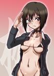  bikini black_hair bottomless breasts collarbone covered_nipples frown girls_und_panzer glasses highres hirokawa_kouichirou kawashima_momo medium_breasts micro_bikini military military_uniform navel neck_ribbon ooarai_military_uniform open_clothes red_eyes ribbon salute solo standing swimsuit uniform 