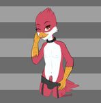  2016 anthro avian avian_(starbound) beak bird black_panties brown_eyes clothing collar digital_media_(artwork) feathers fucking_hostess_twinky girly licking looking_at_viewer maladash male one_eye_closed panties penis simple_background starbound swampspectre talons tongue tongue_out twink twinky underwear undressing video_games wink 