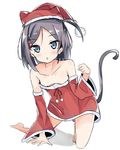  :o all_fours alternate_costume animal_hat bangs bare_shoulders barefoot blue_eyes blush cat_hat cat_tail chestnut_mouth christmas clenched_hand collarbone detached_sleeves dress full_body fur_trim grey_hair hair_ornament hair_tie hairclip hat hentai_ouji_to_warawanai_neko. kanisaka_shizuku looking_at_viewer no_bra one_side_up open_mouth parted_bangs paw_pose pom_pom_(clothes) red_dress ribbon santa_costume santa_hat short_dress short_hair sketch solo strapless strapless_dress swept_bangs tail tsutsukakushi_tsukiko wide_sleeves 