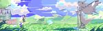  angel_wings blonde_hair brown_hair castle city cloud commentary day dress forest highres long_hair mountain multiple_girls nature original ponytail setz sky smile statue tree valkyrie very_long_hair wings 