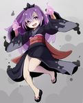  black_kimono full_body grey_background high_ponytail highres hyakkihime japanese_clothes kimono long_hair looking_at_viewer momo_(higanbana_and_girl) multicolored_hair no_socks open_mouth purple_eyes purple_hair sandals solo two-tone_hair youkai youkai_watch zouri 