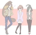  1girl 2boys bad_id bad_pixiv_id black_legwear boots brown_eyes brown_hair casual crossed_arms denim eighth_note green_hair grin hair_over_one_eye hands_in_pockets high_ponytail jacket jeans kiitos12 kodama_fumika long_hair monster_boy multiple_boys musical_note oogama_(youkai_watch) open_clothes open_jacket orochi_(youkai_watch) pants pantyhose pigeon-toed red_eyes smile spoken_musical_note turtleneck very_long_hair yellow_eyes yellow_sclera youkai youkai_watch 