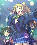  &gt;_&lt; :3 ayase_eli black_hair blazer blonde_hair bow cardigan clenched_teeth closed_eyes hair_bow hoshizora_rin instrument jacket karaoke long_hair love_live! love_live!_school_idol_project maracas microphone multiple_girls music open_mouth orange_hair otonokizaka_school_uniform ponytail red_eyes school_uniform scrunchie short_hair singing skirt teeth twintails wedo yazawa_nico 