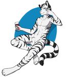  abs accelo alcohol animal_genitalia anthro balls beverage black_fur blue_eyes feline food full-length_portrait fur glass looking_at_viewer male mammal multicolored_fur nude pawpads pink_nose portrait reclining sheath simple_background smile solo striped_fur stripes tiger two_tone_fur watermark white_background white_fur wine 