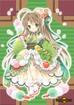  bow brown_hair cherry cherry_blossoms chocolate_syrup dango detached_sleeves dress flower food food_themed_hair_ornament food_themed_ornament frilled_dress frills fruit full_body green_bow hair_bow hair_flower hair_ornament highres layered_dress long_hair looking_at_viewer original parfait personification pocketland red_bow sanshoku_dango shoes skewer solo standing striped striped_bow tamagoboro traditional_media wagashi white_footwear 