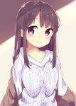  aran_sweater bangs blush brown_background brown_hair chikuwa. collarbone long_hair looking_at_viewer original purple_eyes sidelocks simple_background smile solo sweater swept_bangs tareme two-tone_background upper_body white_background 