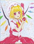  apple ascot blonde_hair bow flandre_scarlet food fruit hat hat_bow kotarou_(yukina1721) mob_cap open_mouth pointy_ears puffy_short_sleeves puffy_sleeves red_eyes shirt short_sleeves side_ponytail skirt skirt_set smile solo touhou traditional_media vest wings 