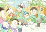  beanie blue_sky brothers bush child coat day earmuffs fence gloves hat heart heart_in_mouth henocchi male_focus matching_outfit matsuno_choromatsu matsuno_ichimatsu matsuno_juushimatsu matsuno_karamatsu matsuno_osomatsu matsuno_todomatsu multiple_boys osomatsu-kun scarf sextuplet_(osomatsu-kun) sextuplets siblings sky snow snowball snowball_fight squatting tree winter_clothes 