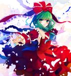  arm_ribbon bad_id bad_pixiv_id bow daimaou_ruaeru dress front_ponytail green_eyes green_hair hair_bow highres kagiyama_hina long_hair looking_at_viewer outstretched_arms puffy_short_sleeves puffy_sleeves red_dress ribbon short_sleeves smile solo touhou 