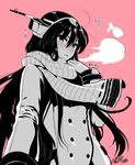  blush coat double-breasted headgear kantai_collection kojima_saya long_hair monochrome nagato_(kantai_collection) pink_background scarf simple_background solo sweatdrop translation_request winter_clothes winter_coat 