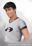  big_hero_6 brilcrist brown_eyes brown_hair disney highres male_focus realistic shirt smile solo t-shirt tadashi_hamada upper_body watermark web_address 