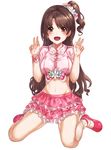  :d blush brown_eyes brown_hair double_w earrings hair_ornament idolmaster idolmaster_cinderella_girls jewelry kfr long_hair looking_at_viewer midriff navel one_side_up open_mouth pink_check_school shimamura_uzuki simple_background sitting skirt smile socks solo w wariza white_background white_legwear 