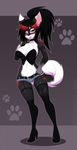  2016 black_fur black_hair blush canine clothed clothing collar corset female fishnet fur hair high_heels mammal markings multicolored_fur multicolored_hair one_eye_closed re-sublimity-kun red_eyes red_hair red_markings shorts simple_background skimpy solo standing tongue tongue_out two_tone_fur two_tone_hair white_fur wink 