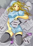  bed black_legwear blonde_hair blood blush breasts brown_eyes english hat higurashi_no_naku_koro_ni infirmary kumikouj long_hair looking_at_viewer medium_breasts no_panties nurse nurse_cap on_bed open_mouth papers red_eyes solo syringe takano_miyo thighhighs thighs zettai_ryouiki 