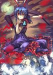  ambiguous_red_liquid animal_ears berabou blue_dress blue_hair bunny_ears dress highres kine long_hair one_eye_closed red_eyes seiran_(touhou) short_sleeves smile solo touhou 