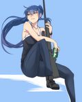  ban beer_can blue_eyes blue_hair bolt_action boots breasts can cleavage denim grisaia_(series) grisaia_no_rakuen gun highres jeans knee_up kusakabe_asako long_hair medium_breasts pants parted_lips ponytail rifle scope sitting sniper sniper_rifle solo weapon 