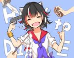  :d bad_id bad_pixiv_id black_hair closed_eyes commentary_request gohei gun handgun horns kijin_seija knife mini-hakkero misha_(hoongju) multicolored_hair neckerchief open_mouth out_of_frame pistol red_hair short_hair smile solo_focus streaked_hair touhou upper_body weapon white_hair 