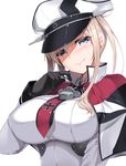  blonde_hair blue_eyes blush breasts capelet cross graf_zeppelin_(kantai_collection) hat iron_cross kantai_collection large_breasts long_hair looking_at_viewer nakano_sora necktie peaked_cap sidelocks simple_background smile solo twintails uniform white_background 