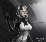  alternate_costume bob_cut bodysuit breasts character_name copyright_name edi_(mass_effect) greyscale gun handgun humanoid_robot lips mass_effect mass_effect_3 medium_breasts metallic_skin monochrome nose pistol robot solo spot_color sun_stark visor weapon 