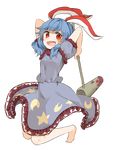  :d ambiguous_red_liquid animal_ears arms_up bad_id bad_pixiv_id blue_dress blue_hair blush bunny_ears commentary_request crescent dress ear_clip kine looking_at_viewer mallet misha_(hoongju) open_mouth puffy_sleeves red_eyes seiran_(touhou) short_sleeves smile solo star touhou 