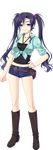  1girl absurdres bag blue_eyes blue_hair boots full_body hand_on_hip highres jewelry knee_boots looking_at_viewer midriff necklace saeki_hokuto shorts sleeves_rolled_up smile solo standing transparent_background twintails 