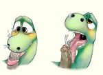  arlo_the_dinosaur blush crying cum cum_in_mouth cum_in_nose cum_inside dinosaur human male male/male mammal open_mouth oral penis sauropod scalie tears teeth the_good_dinosaur tongue unknown_artist vein yellow_eyes 