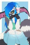  anthro blue_hair breasts canine cigarette clothed clothing ear_piercing facial_piercing female hair invalid_tag kammymau looking_at_viewer mammal nose_piercing one_eye_closed piercing simple_background solo torn_clothing 