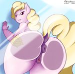  2016 anatomically_correct animal_genitalia animal_pussy anthro anus big_butt biting_lip blonde_hair butt equine_pussy fan_character female fur hair looking_at_viewer looking_back marukomuru my_little_pony on_glass pink_fur presenting presenting_hindquarters presenting_pussy puffy_anus pussy raised_tail rear_view solo 