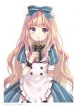  :3 absurdres alice_(wonderland) apron blue_eyes blush brown_hair fukahire_(ruinon) highres key last_chronicle long_hair looking_at_viewer ribbon short_sleeves simple_background smile solo white_background wrist_cuffs 