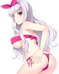  ass bandeau bikini breasts hairband hand_on_own_ass idolmaster idolmaster_(classic) large_breasts long_hair looking_at_viewer looking_back red_eyes shijou_takane shiny shiny_skin side-tie_bikini silver_hair smile solo swimsuit totokichi underboob 