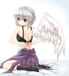  albino back bangs black_bra black_legwear bra braid closed_mouth dress dressing feathered_wings fuente gradient gradient_background gradient_hair grey_hair hair_between_eyes highres kishin_sagume lace lace-trimmed_bra looking_back multicolored_hair no_shirt no_shoes on_bed open_clothes purple_dress red_eyes short_hair side_slit silver_hair single_wing sitting socks solo touhou underwear unfastened wariza white_wings wings 