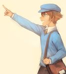  artist_name bag bookbag brown_hair from_side grey_eyes hat luke_triton male_focus necktie open_mouth pointing professor_layton sangcoon signature solo sweater 