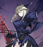  armor artoria_pendragon_(all) artoria_pendragon_(lancer_alter) blonde_hair commentary_request dark_rhongomyniad fate/grand_order fate_(series) full_armor gauntlets holding holding_weapon horns ishida_akira lance night night_sky polearm reins serious sky solo weapon yellow_eyes 