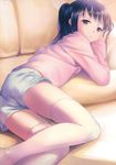  absurdres ahoge ass black_hair blush brown_eyes cardigan highres long_hair long_sleeves looking_at_viewer lying on_side open_mouth original scan shorts solo takoyaki_(roast) thighhighs twintails white_legwear 